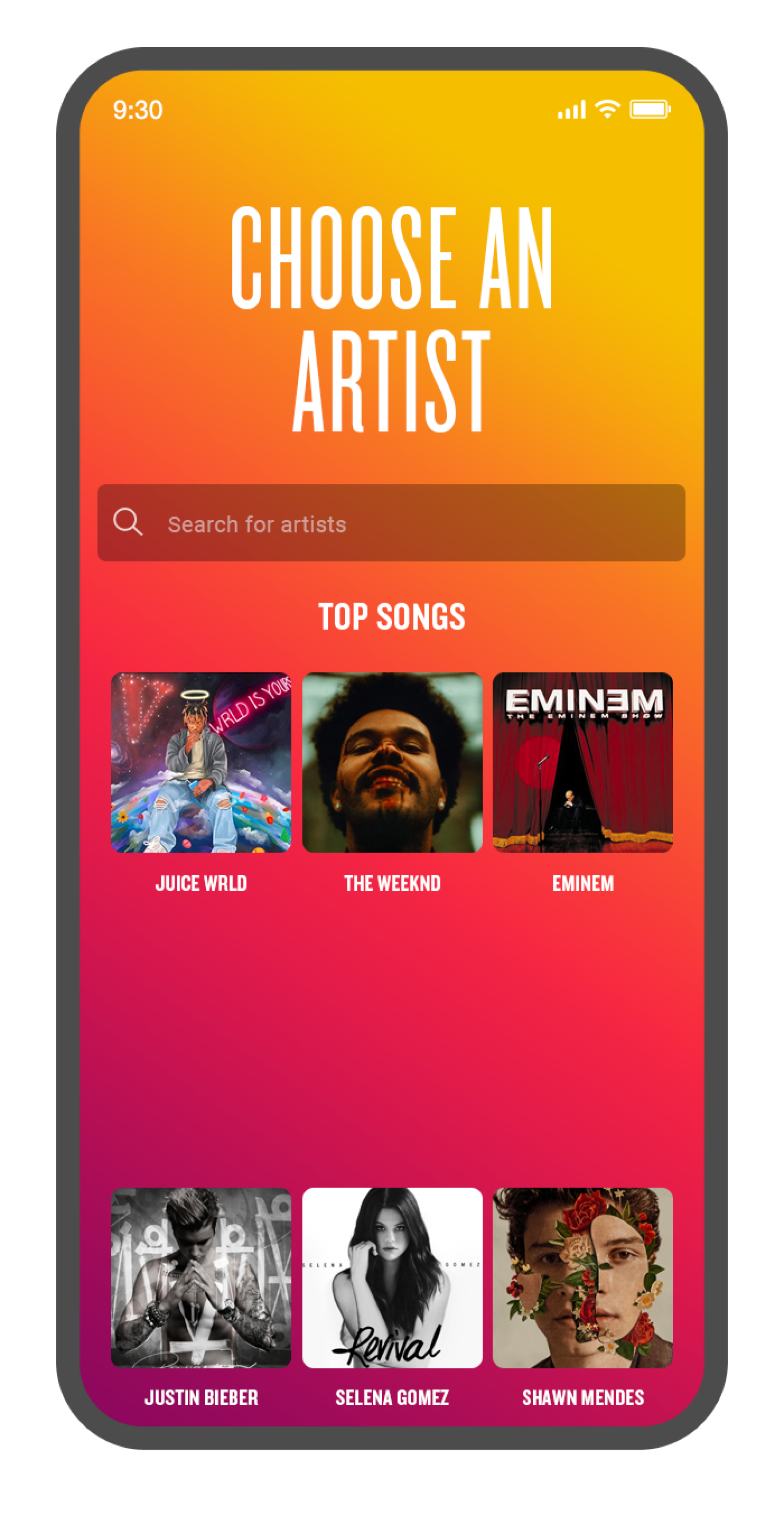 MusicBash - Phone - Choose an Artist
