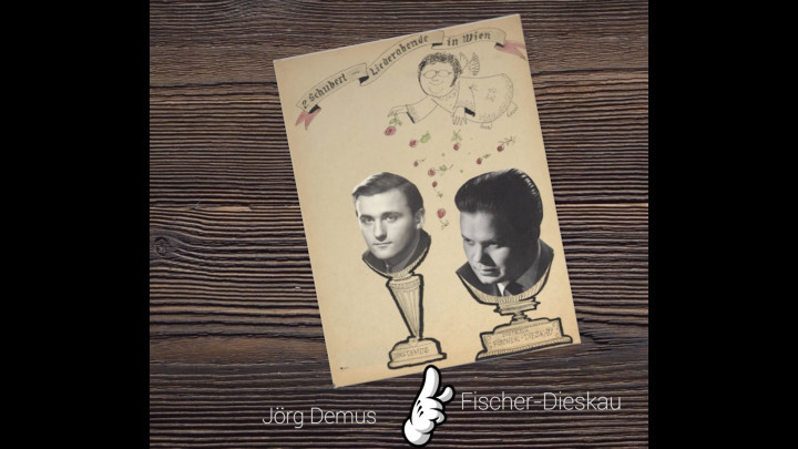 Fischer-Dieskau's home-made folder for his music that depicted himself and Jörg Demus receiving Schubert's best wishes