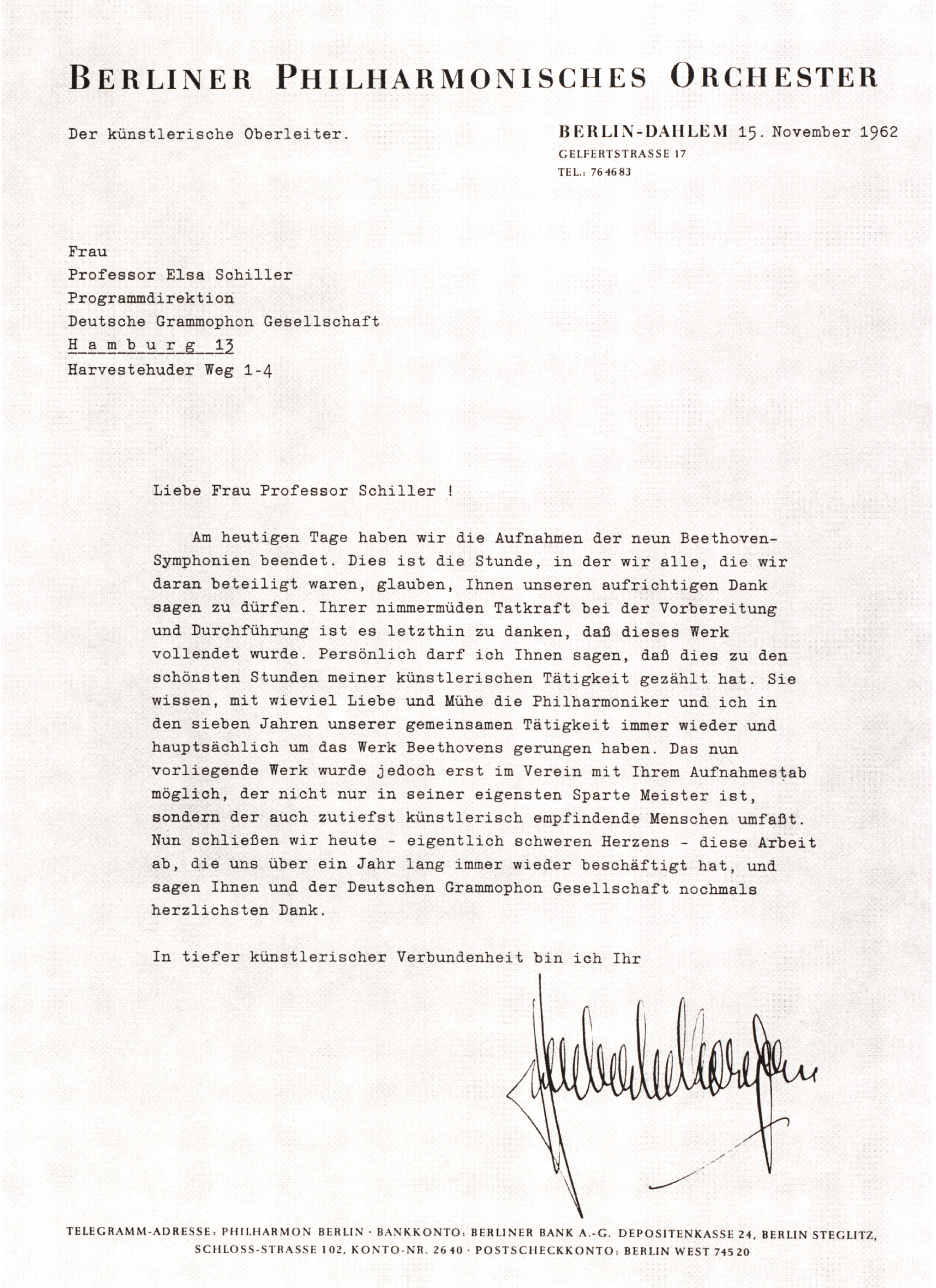 Brief Karajan an Elsa Schiller